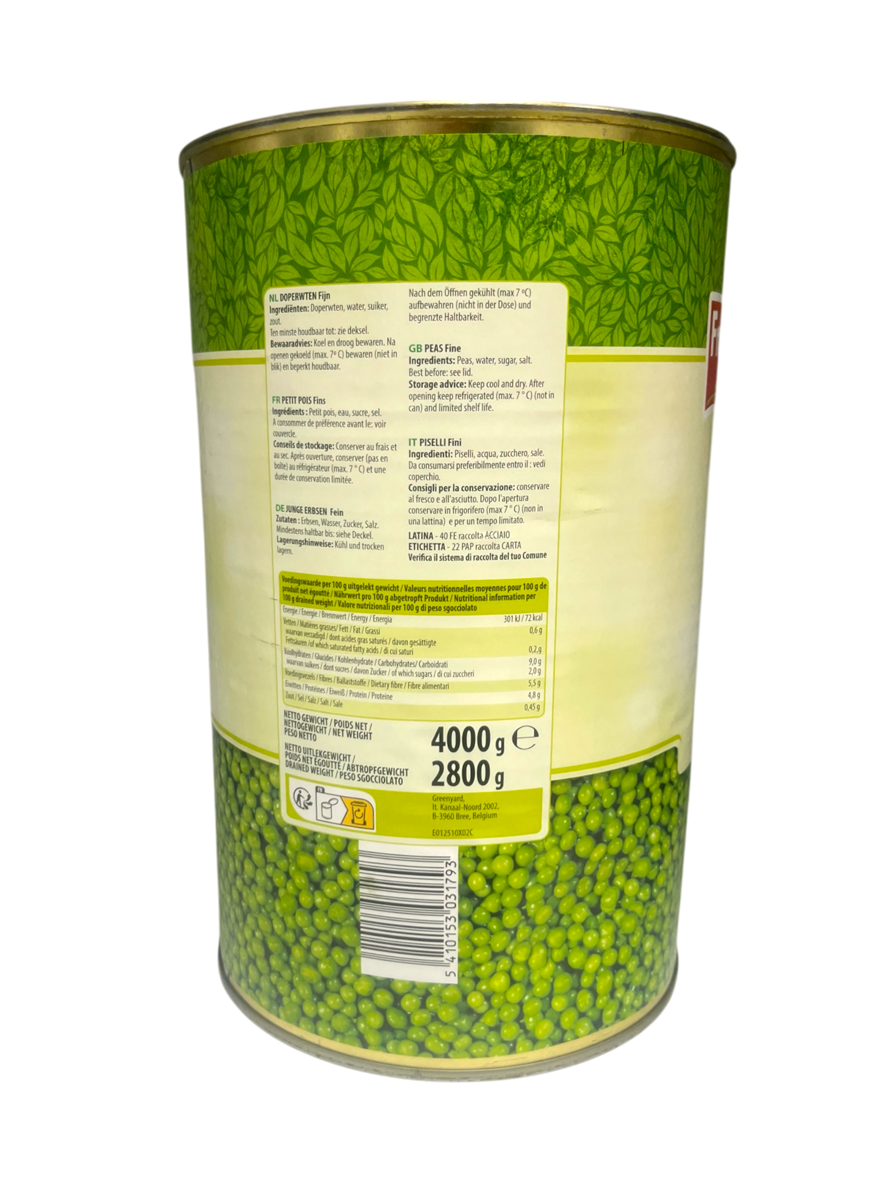 Fresh Can Grüne Erbsen Fein 6x 2,8kg laktosefrei, vegan, glutenfrei