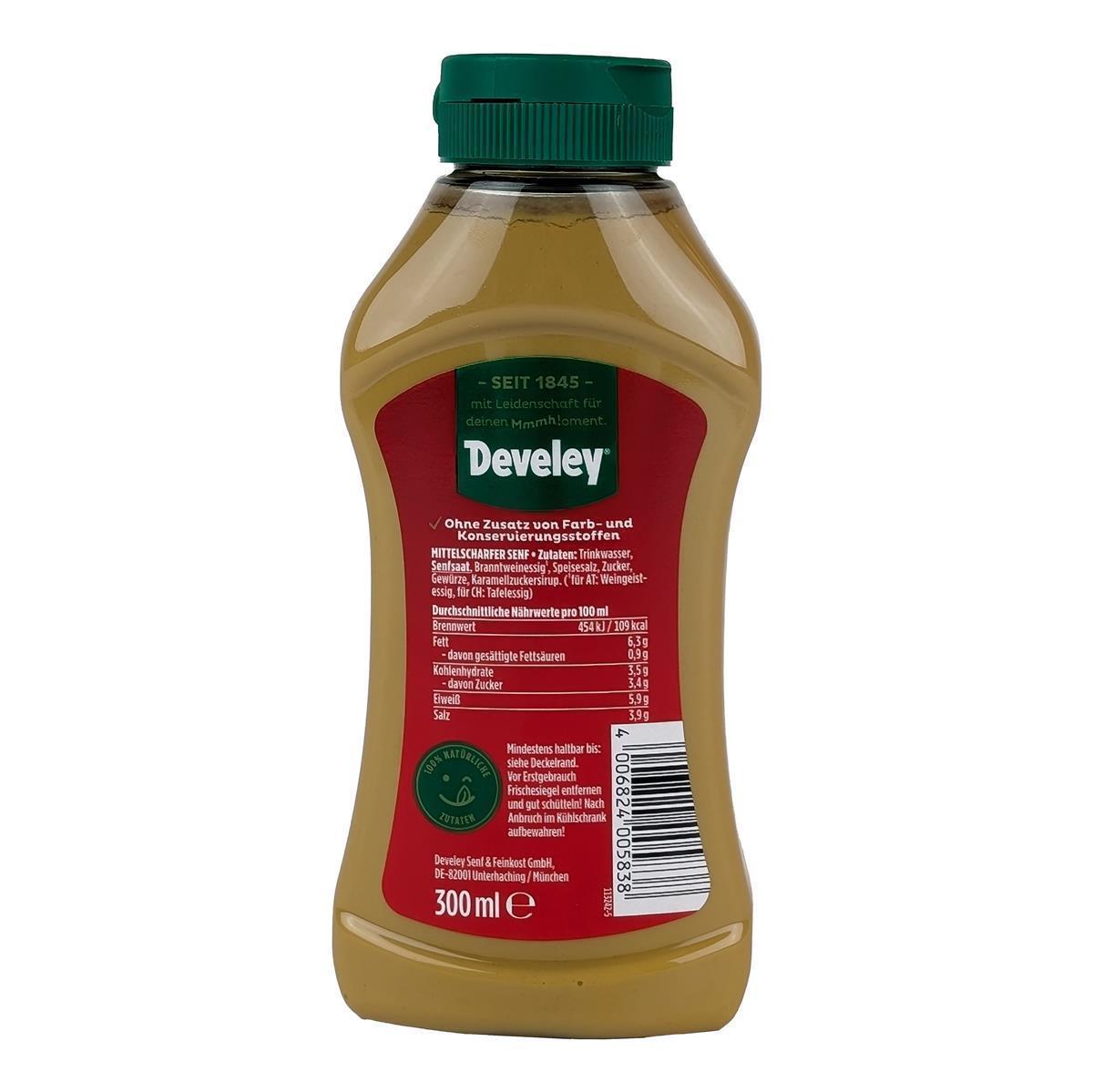 DEVELEY Mittelscharfer Tafelsenf cremig-würzig ohne Zusatzstoffe für Hot Dogs 300ml DEVELEY Mittelscharfer Tafelsenf cremig-würzig ohne Zusatzstoffe für Hot Dogs 8x 300ml