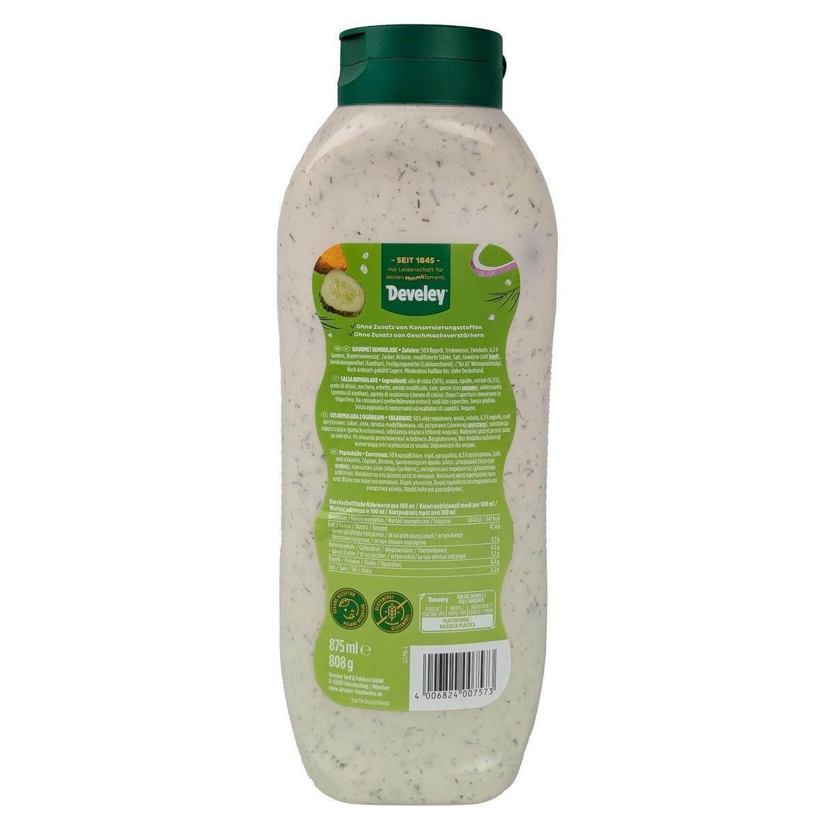 DEVELEY Gourmet Remoulade vegane Remouladensauce mit Gurke und Zwiebel 875ml DEVELEY Gourmet Remoulade vegane Remouladensauce mit Gurke und Zwiebel 8x 875ml
