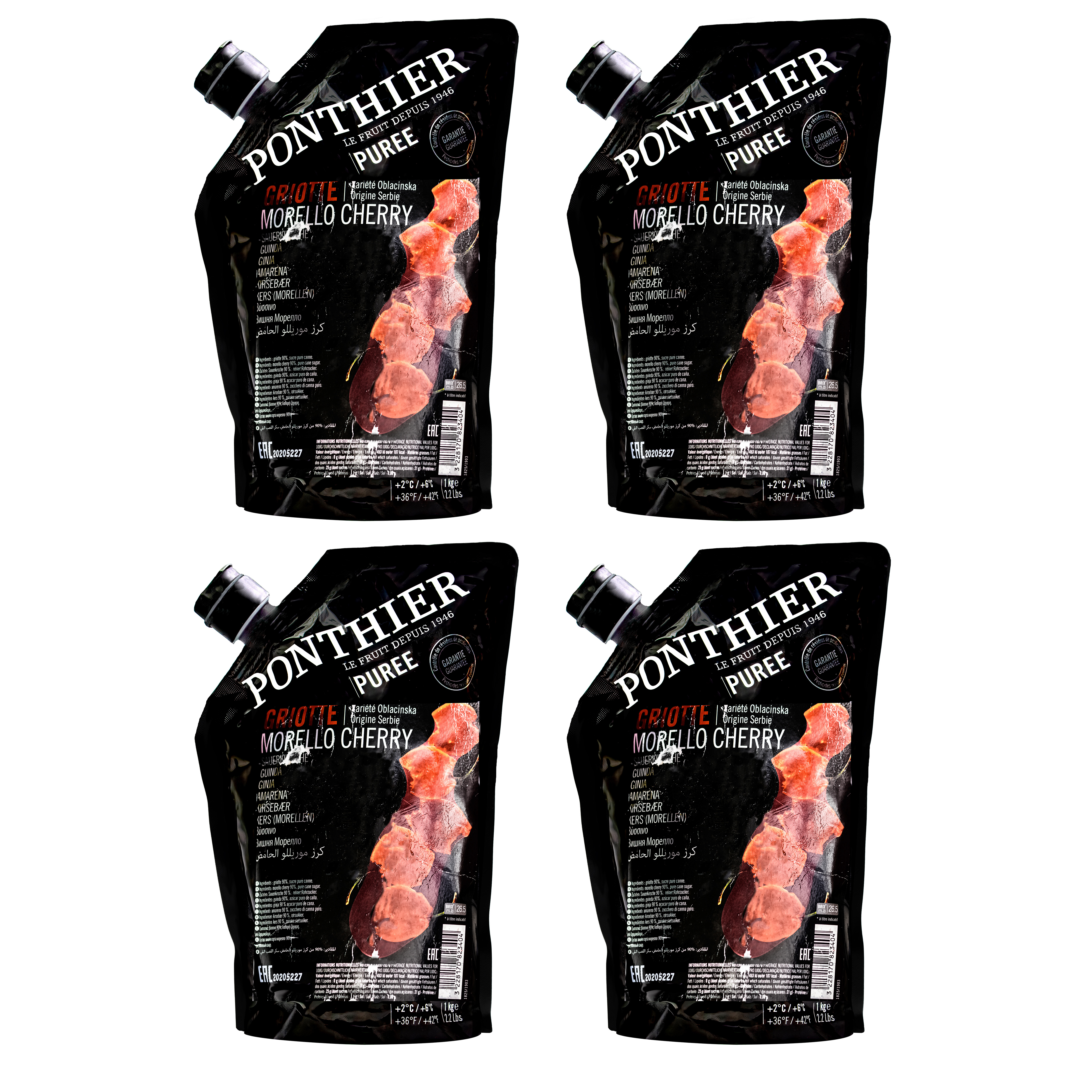 Ponthier KIRSCHEN PÜREE Sauerkirschen-Früchte-Püree 4x 1KG 