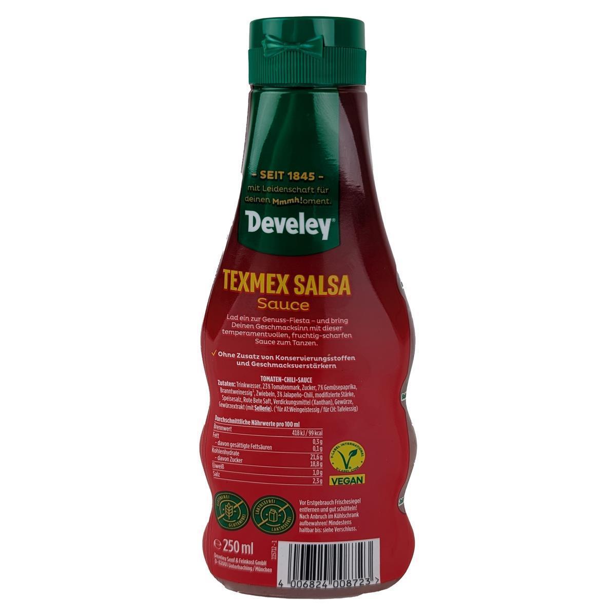 DEVELEY Texmex Salsa Sauce würzig vegan Tomaten-Chili-Sauce für Tacos Nachos 1x 250ml DEVELEY Texmex Salsa Sauce würzig vegan Tomaten-Chili-Sauce für Tacos Nachos 8x 250ml