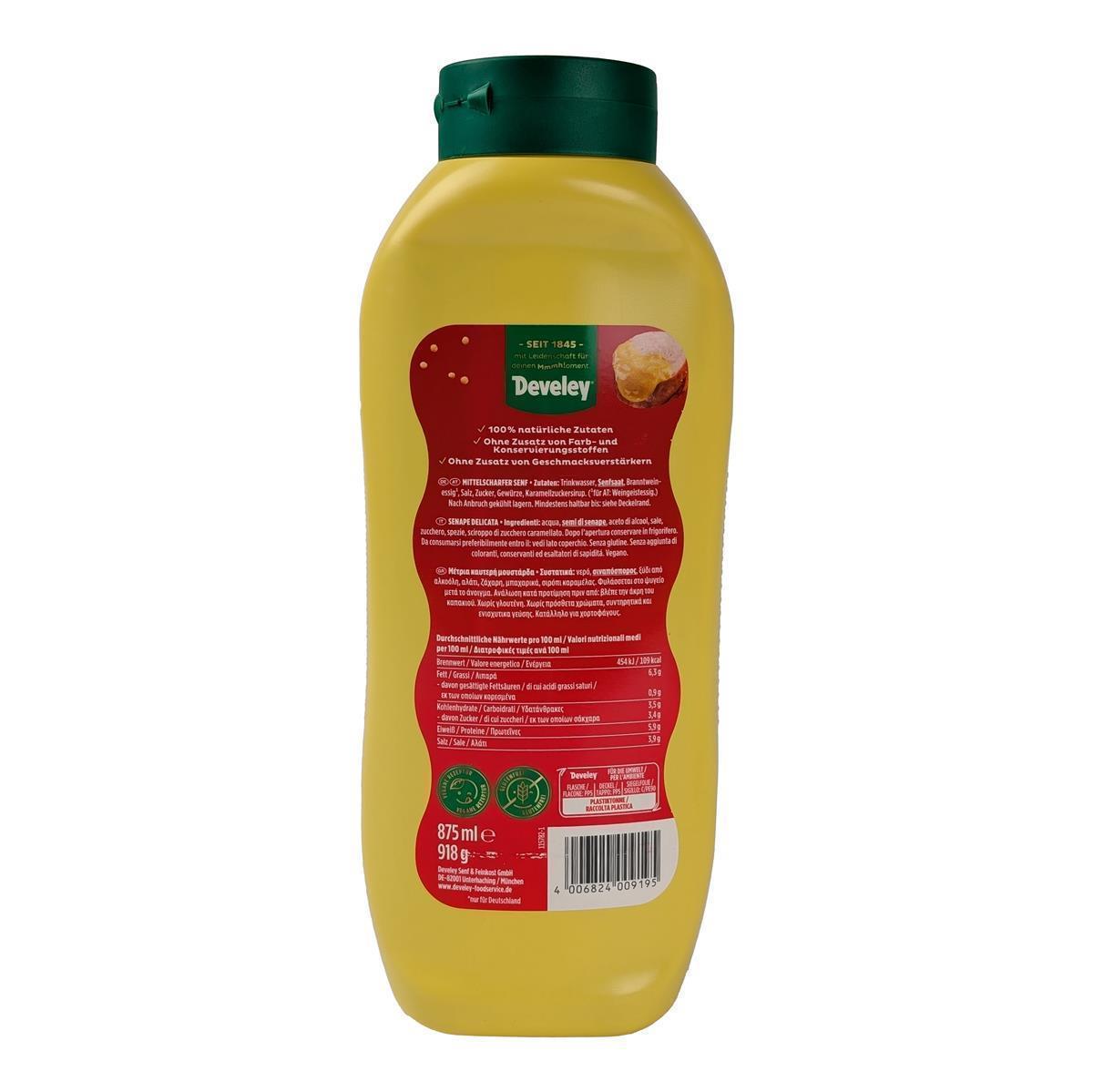 DEVELEY Mittelscharfer Tafel-Senf cremig-würzig ohne Zusatzstoffe für Bratwurst 8x 875ml