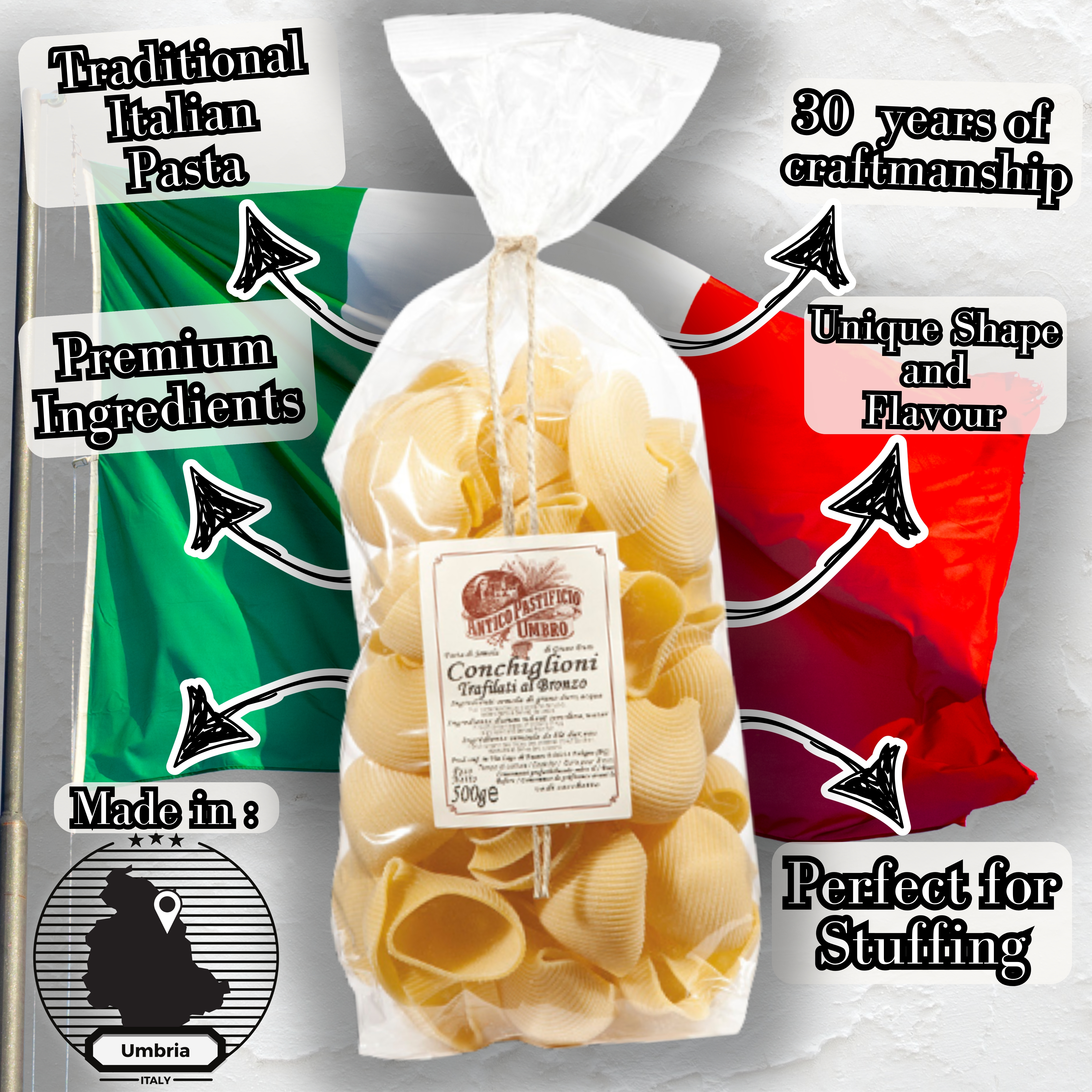 Antico Pastifico Umbro Conchiglioni 1x 500g Italienische Hartweizengrießnudeln Antico Pastifico Umbro Conchiglioni 1x 500g Italienische Hartweizengrießnudeln