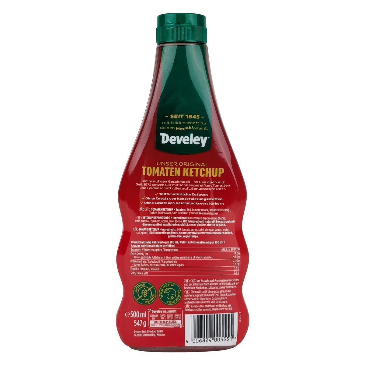 DEVELEY Original Tomatenketchup vegan mit 66 % Tomatenmark fruchtig-würzig 8x 500ml