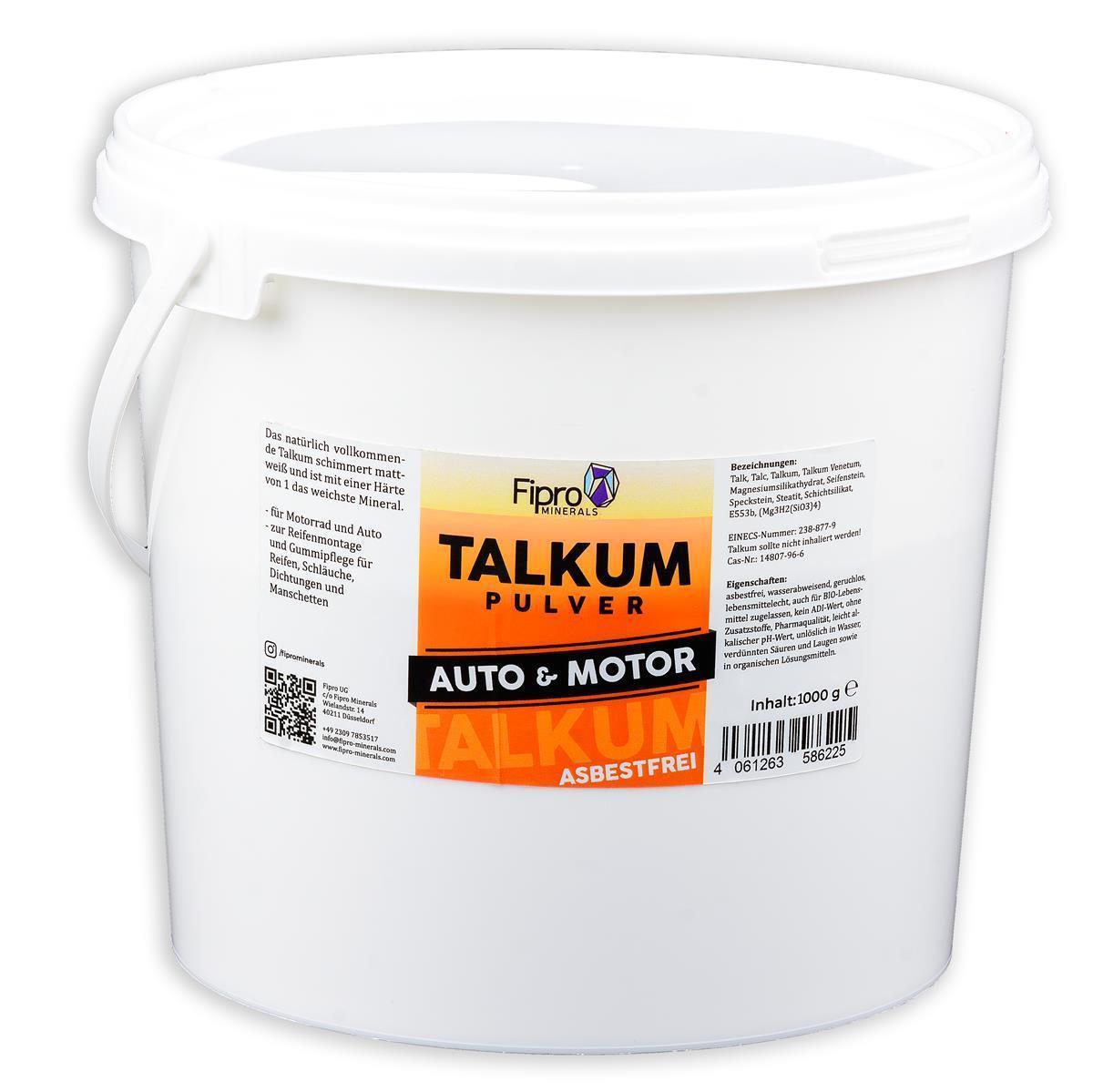 Fipro Minerals TALKUM-PUDER 1kg Eimer | Talkumpulver Gummipflege für Fahrrad | Motorrad - Moped | Kfz - Auto | Asbestfrei | 100% Talk | für Reifenmontage | Reifenwechsel | Manschetten | Dichtung Fipro Minerals TALKUM-PUDER 4x1kg Eimer | Gummipflege für Fahrrad | Motorrad