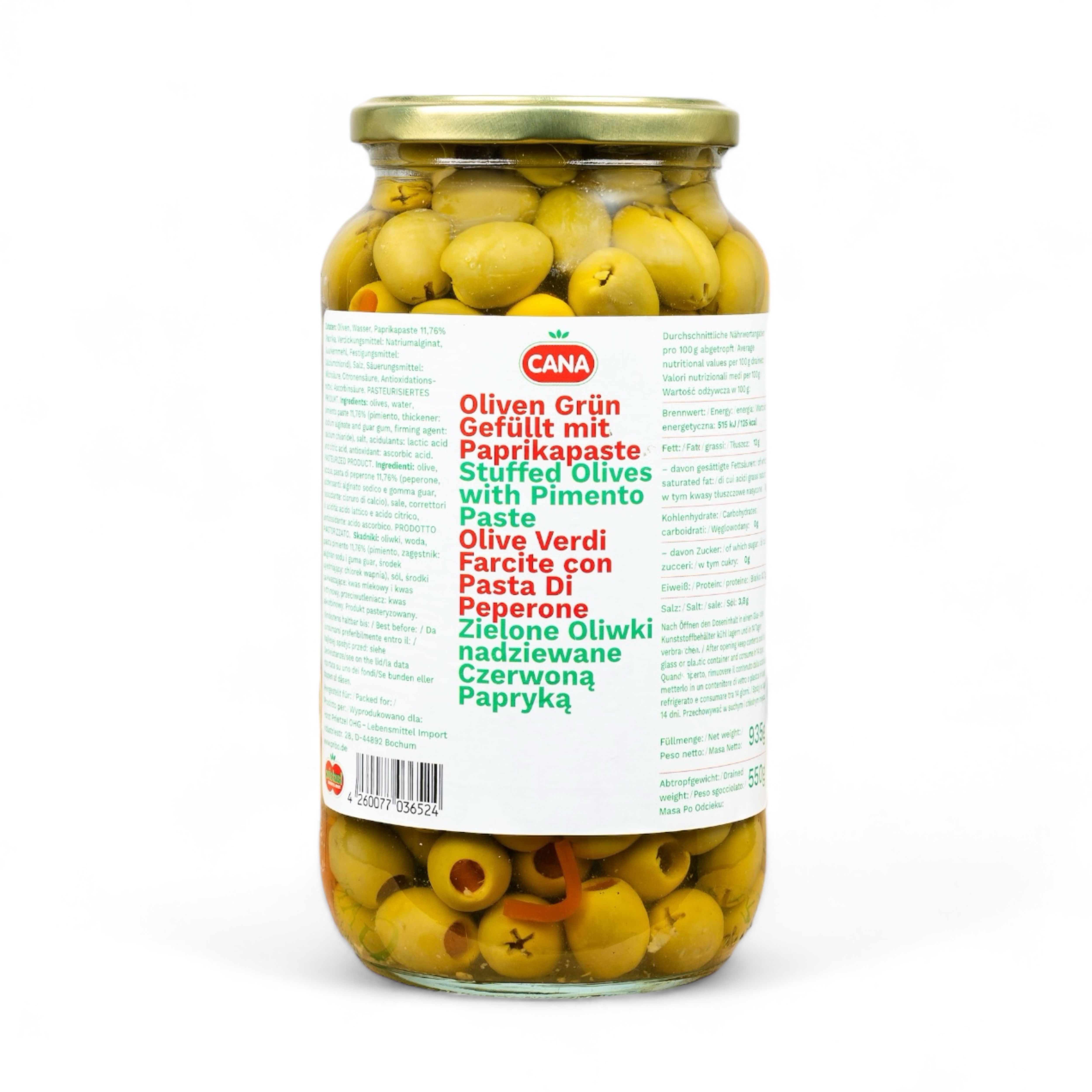 CANA Grüne Oliven gefüllt mit Paprikapaste 935g Glas aus Spanien CANA Grüne Oliven gefüllt mit Paprikapaste 6x 935g Glas aus Spanien