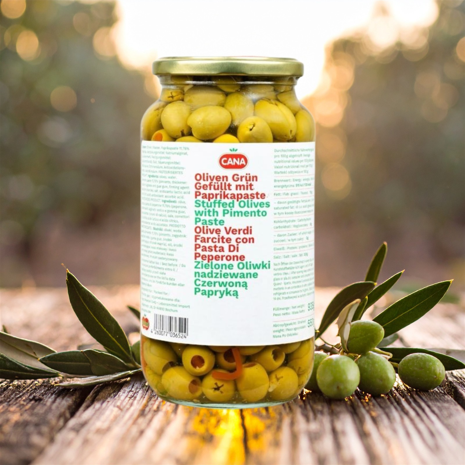 CANA Grüne Oliven gefüllt mit Paprikapaste 1x 550g Glas aus Spanien